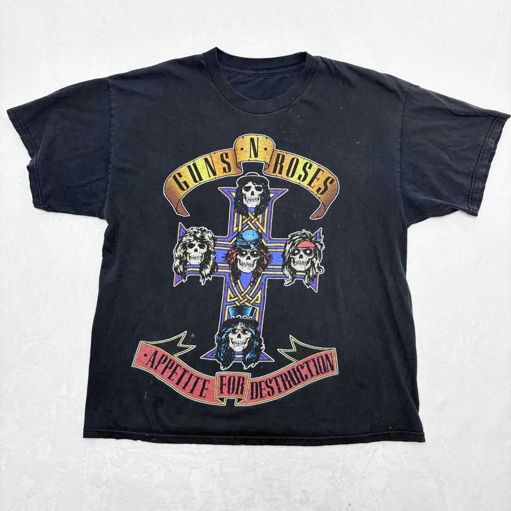 Y2K Streetwear Retro Guns N Roses Skull Cross Graphic Band T-Shirt XL Faded
